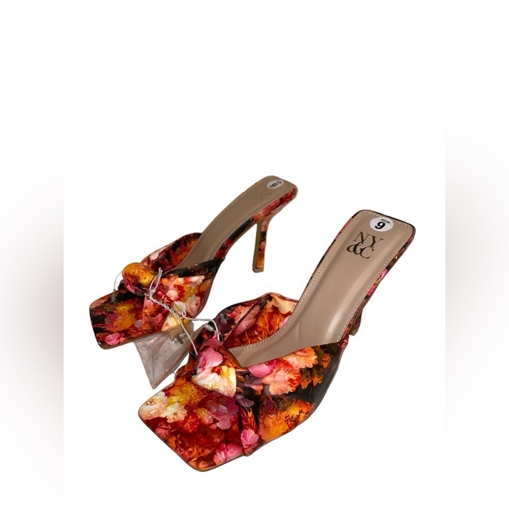 NY&C Women Orange Floral Mules Dress Heeled Faux Leather Glam Party Event NWT